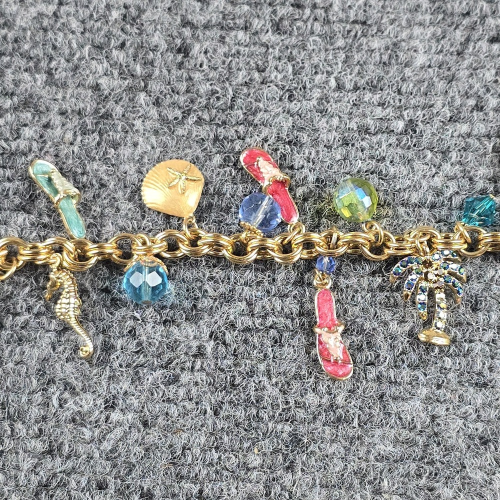 Vintage Kirks Folly Beach‎ Charm Bracelet Flip Flops Palm Seahorse Gold Tone - Picture 4 of 7